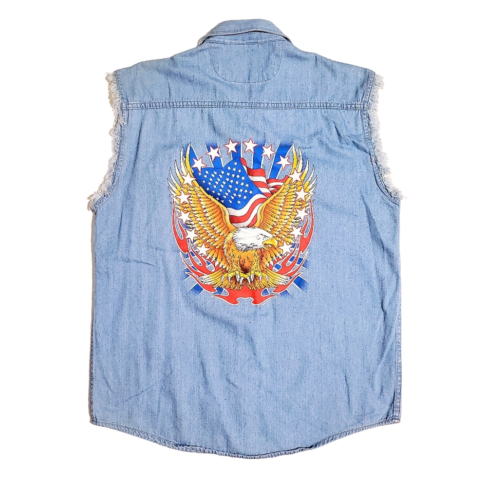 Bikers Edge Mens American Eagle Stars And Flag Sleevless Denim Shirt Small EUC